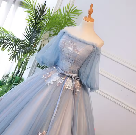 Unique blue tulle lace long prom dress blue evening dress S13770