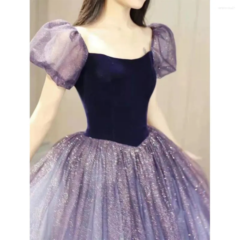 Vestido formal de tul morado de manga corta, bonito vestido de noche de corte A Y4291