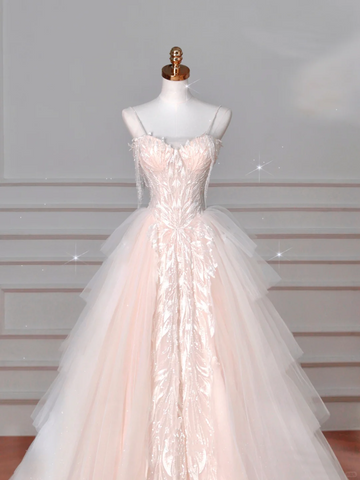 Vestido de novia elegante de tul rosa claro, corte A, vestido de noche formal para graduación Y8623