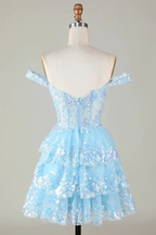 Sparkly Blue Corset Tiered Lace A-Line Short Homecoming Dress Y4083 by simplepromdress