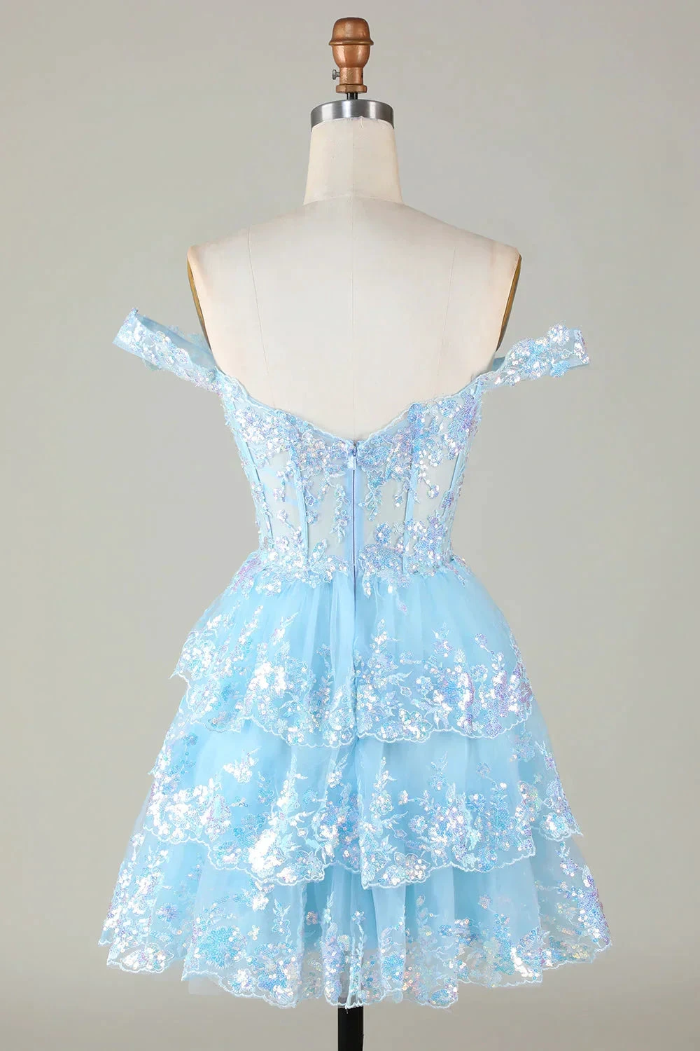 Sparkly Blue Corset Tiered Lace A-Line Short Homecoming Dress Y4083 by simplepromdress