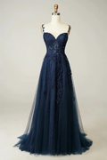 A-line Navy Blue Prom Dress Lace Tulle Evening Dress Y382 by simplepromdress