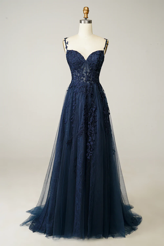 A-Linie Marineblaues Ballkleid Spitze Tüll Abendkleid Y382