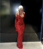 Black Girl Sexy Halter Sequin Red Prom Dress Long Mermaid Evening Dress Y7822