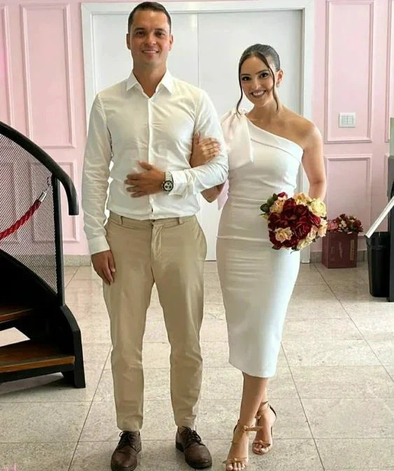 Elegant White One Shoulder Short Wedding Dress,White Bridal Gown Y6942 by simplepromdress