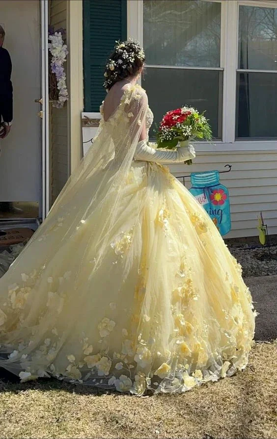 Yellow 3D Flowers Ball Gown Dress Sweet 16 Dress Y6578 by simplepromdress