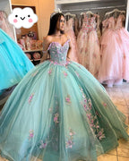 Lake Blue Princess Ball Gown 3D Flowers Quinceanera Dresses Off Shoulder Appliques Beaded Maxi Sweet 16 Dress Y2632 by simplepromdress
