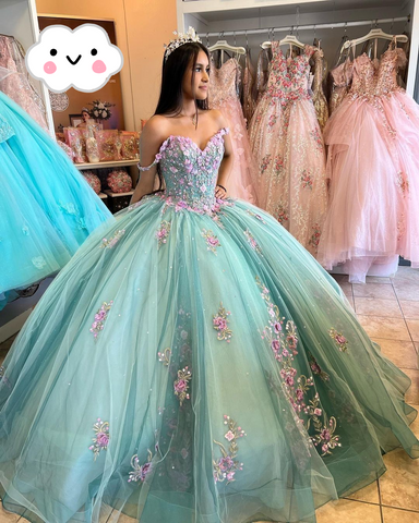 Vestido de quinceañera azul lago con flores 3D, hombros descubiertos, apliques y cuentas, maxivestido de quinceañera Y2632