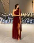 Pretty Burgundy One Shoulder Tulle Sequins Evening Gown Slit Prom Dress Y7826 by simplepromdress