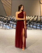 Pretty Burgundy One Shoulder Tulle Sequins Evening Gown Slit Prom Dress Y7826 by simplepromdress