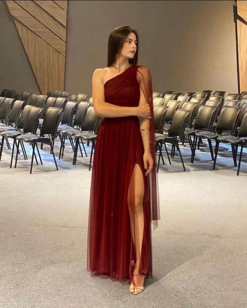 Pretty Burgundy One Shoulder Tulle Sequins Evening Gown Slit Prom Dress Y7826 by simplepromdress