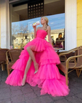 Princess A Line High Low Strapless Pink Long Prom/Evening Dress Ruffles Y76 by simplepromdress
