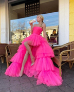 Princess A Line High Low Strapless Pink Long Prom/Evening Dress Ruffles Y76 by simplepromdress