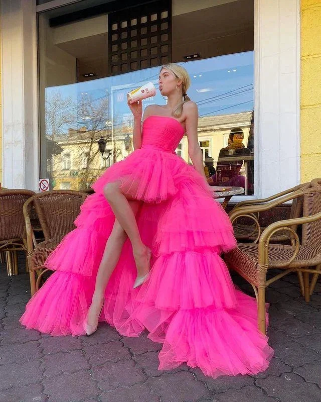 Princess A Line High Low Strapless Pink Long Prom/Evening Dress Ruffles Y76 by simplepromdress
