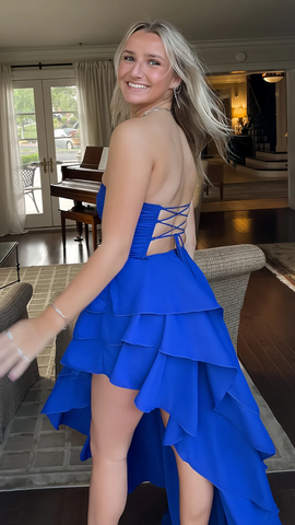 Sexy Royal Blue Long Prom Dress Strapless Ruffle Layered Party Evening Gown Y8026