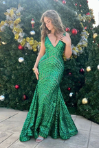 Glitter V-Neck Green Long Mermaid Prom Dress Green Evening Dress Y6205 by simplepromdress