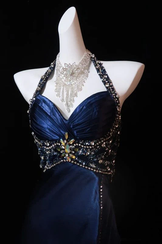 Vestido de noche azul marino de lujo con abertura y cuentas, vestido formal de fiesta Y7723