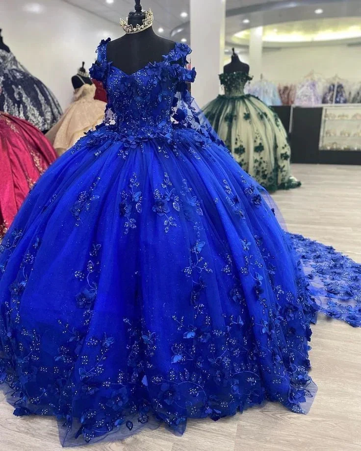 Royal Blue Sweet 16 Princess Ball Gown Quinceanera Dresses with Train for Girls Prom Party Evening Long,Y2479 by simplepromdress