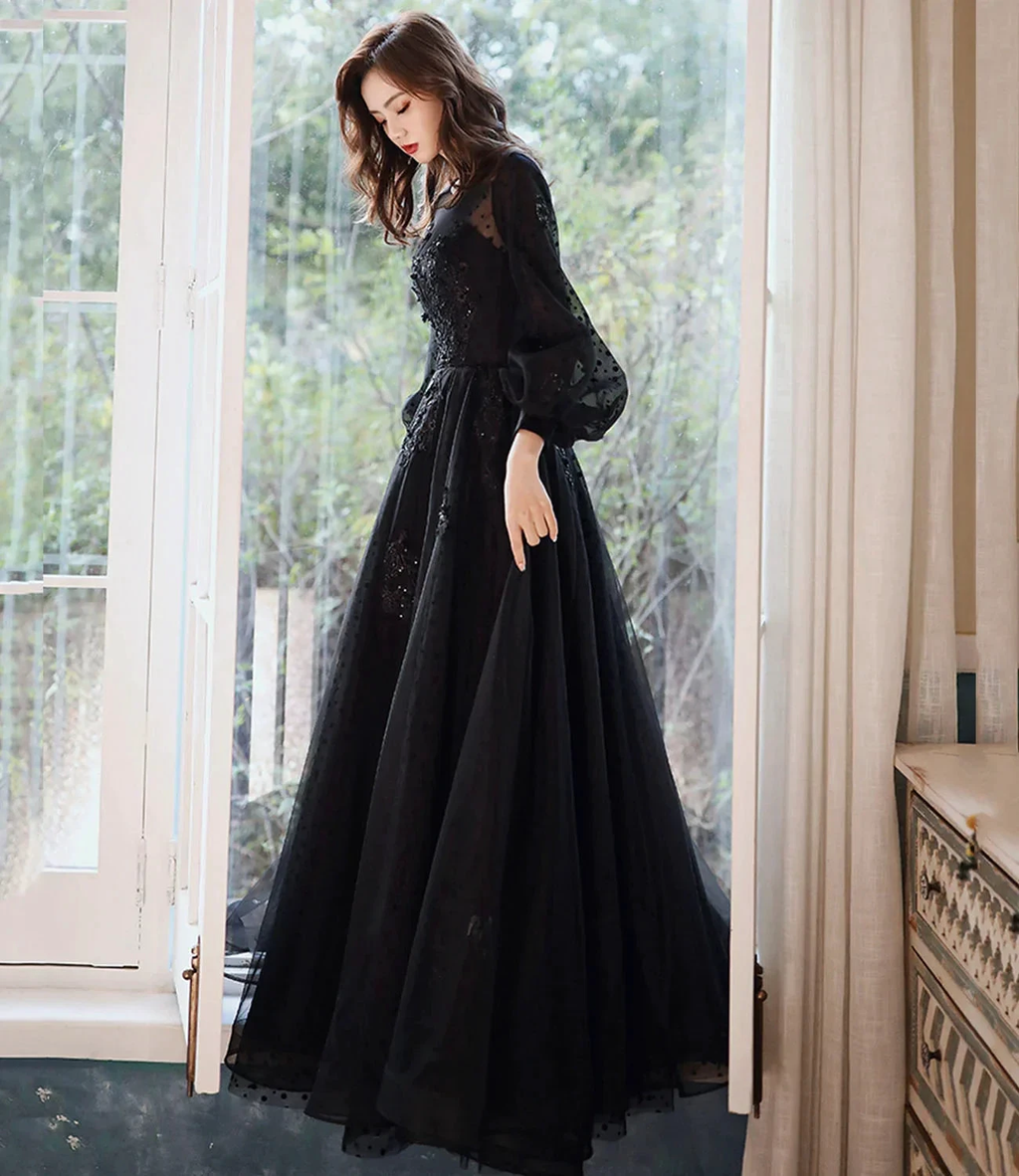 Black lace long prom dress A line evening gown Y1294 by simplepromdress