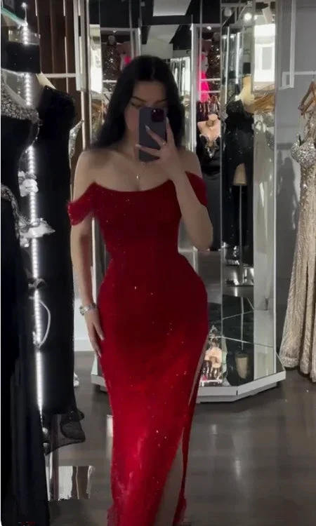 Shiny Off Shoulder Sequins Red Prom Dress Evening Dress With Side Slit Y7805 by simplepromdress