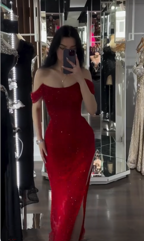 Shiny Off Shoulder Sequins Red Prom Dress Evening Dress With Side Slit Y7805