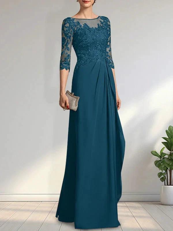 A-line Scoop Illusion Floor-Length Chiffon Lace Mother of the Bride Dress With Beading Sequins Cascading Ruffles by Dreamylily