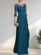 A-line Scoop Illusion Floor-Length Chiffon Lace Mother of the Bride Dress With Beading Sequins Cascading Ruffles by Dreamylily