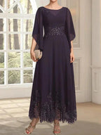 A-line Scoop Illusion Ankle-Length Lace Chiffon Mother of the Bride Dress With Sequins by Dreamylily
