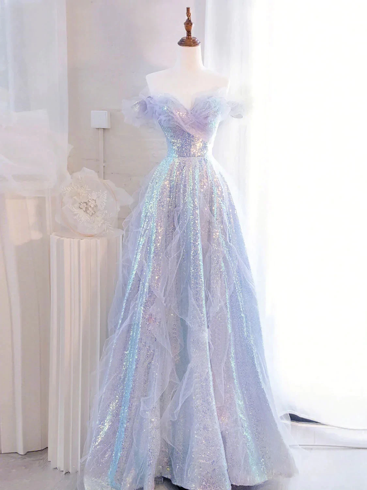 Iridescent off-shoulder sequin evening gown on mannequin in bright room, ZAPDRESS