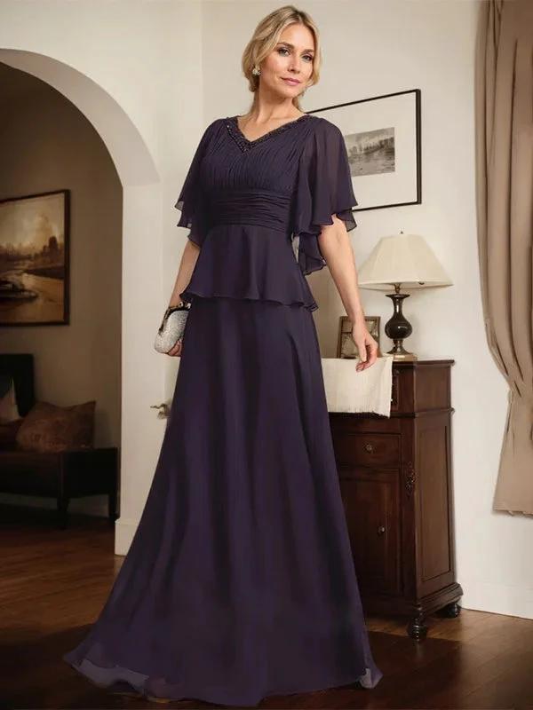 A-line V-Neck Floor-Length Chiffon Mother of the Bride Dress With Pleated Beading by Dreamylily