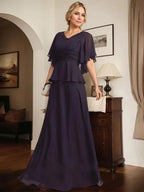 A-line V-Neck Floor-Length Chiffon Mother of the Bride Dress With Pleated Beading by Dreamylily