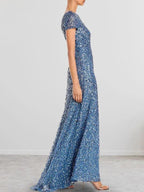 Dusty Blue Sequins Sheath Scoop Long Mother of the Bride Dress by Dreamylily