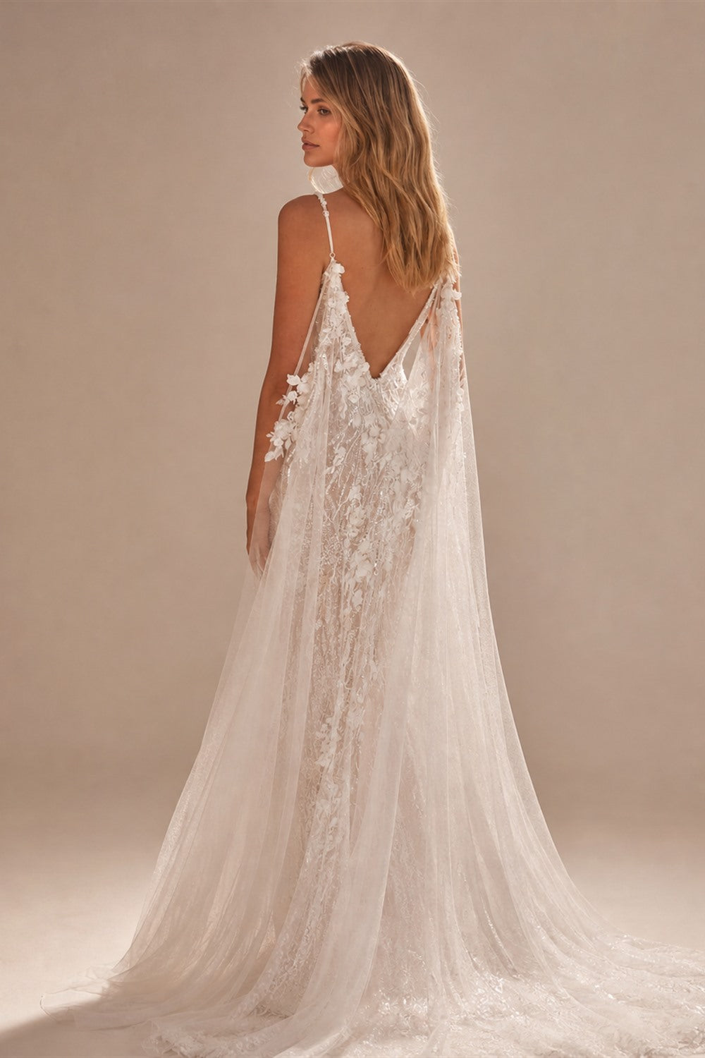 Shiny Mermaid Sexy Backless Wedding Dress Customized Modern Deep V Neck Bridal Gown With Cape Fantasy Sequined Classy Bride Wear - studio product image 4