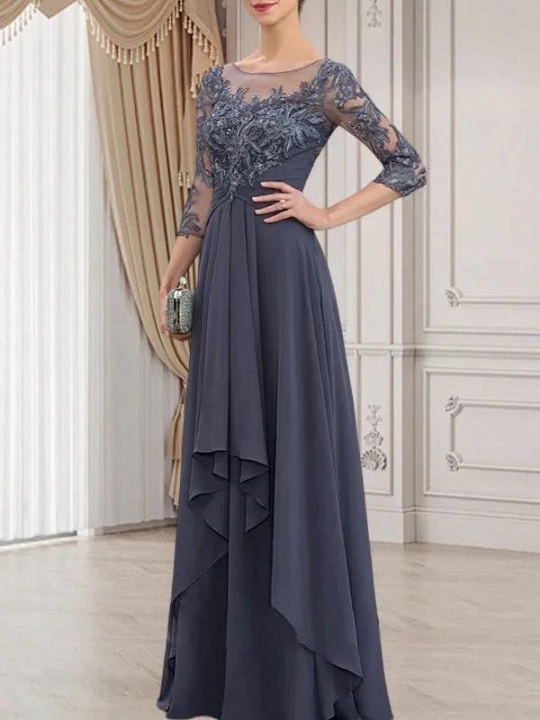 A-line Scoop Illusion Floor-Length Lace Chiffon Mother of the Bride Dress With Cascading Ruffles by Dreamylily