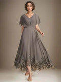 A-line V-Neck Asymmetrical Lace Chiffon Mother of the Bride Dress With Pleated by Dreamylily