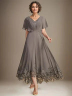 A-line V-Neck Asymmetrical Lace Chiffon Mother of the Bride Dress With Pleated by Dreamylily