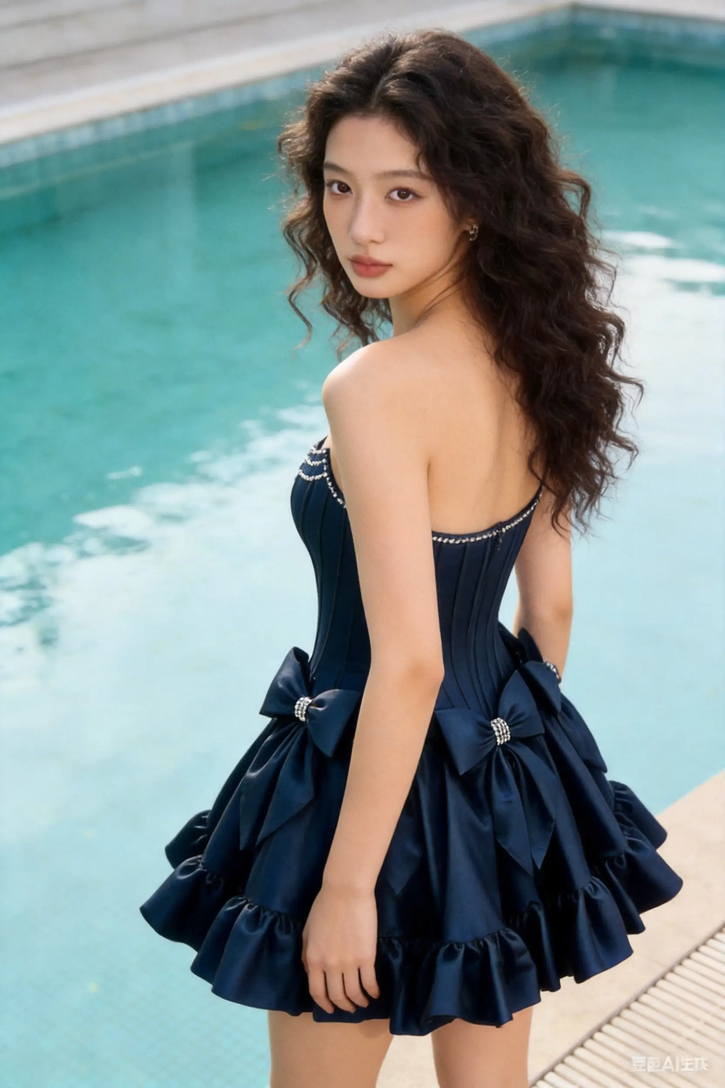 Navy Blue Strapless Corset Mini Dress with Crystal Bows & Beaded Trim by simplepromdress