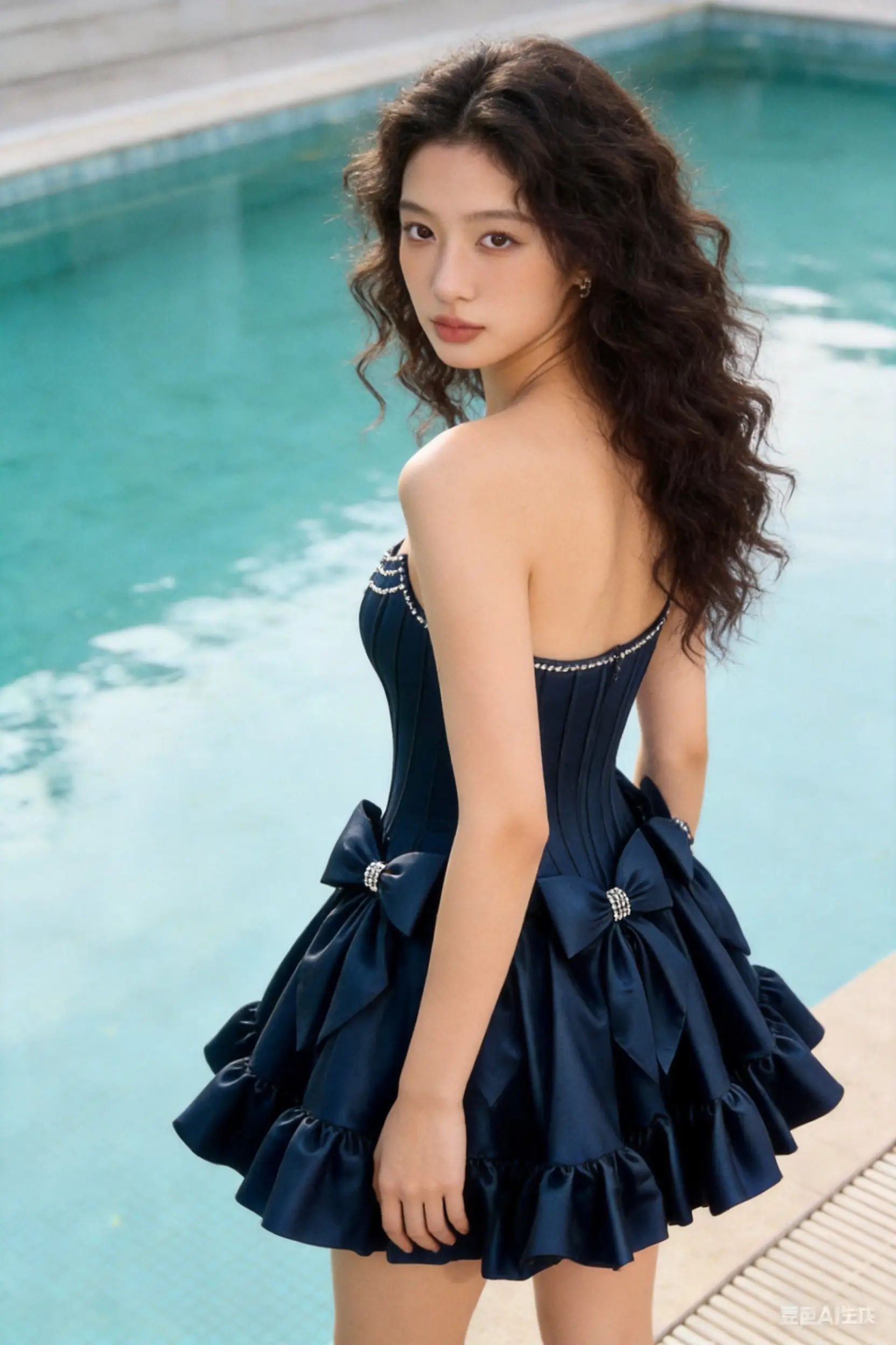 Navy Blue Strapless Corset Mini Dress with Crystal Bows & Beaded Trim by simplepromdress