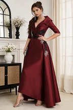 Burgundy Satin Floral Embroidered Mermaid Evening Gown, Overskirt Formal Dress by tangjianjun