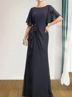 A-line Scoop Floor-Length Chiffon Mother of the Bride Dress With Cascading Ruffles Beading Sequins by Dreamylily