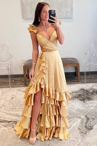 Brittany | Langes rotes A-Linien-Ballkleid mit Cut-outs und Rüschen und Schlitz
