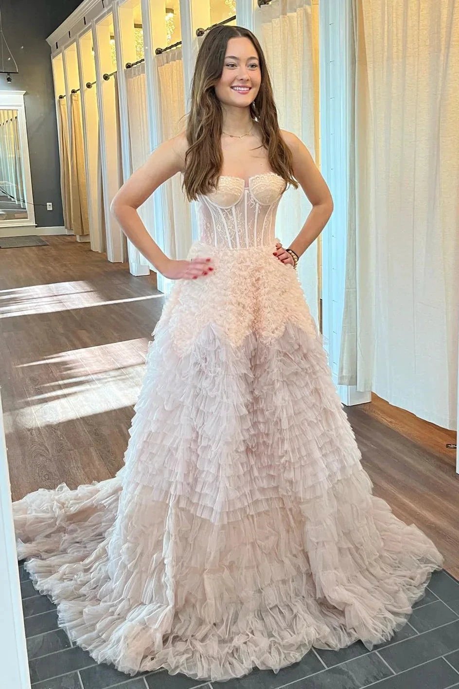 Emberlynn | Ivory Tulle Ruffle Layers Boning A-Line Long Prom Dress by KissProm
