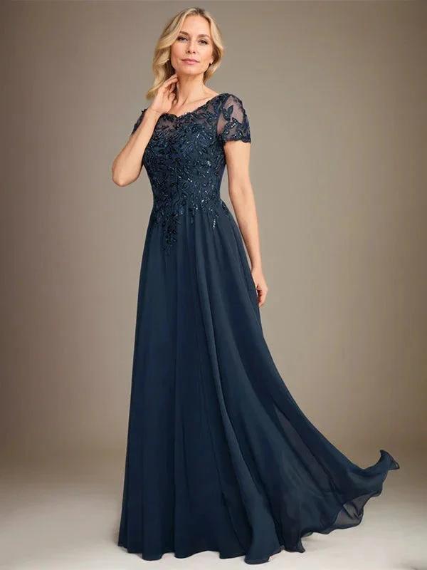 A-Line Scoop Floor-Length Chiffon Mother of the Bride Dress With Applique & Sequins by Dreamylily