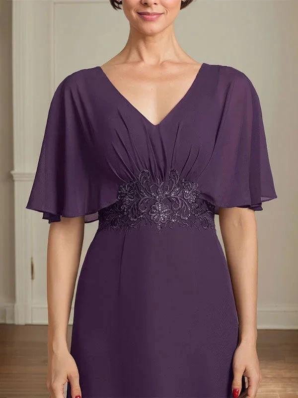 A-line V-Neck Floor-Length Chiffon Mother of the Bride Dress With Pleated Sequins Appliques Lace by Dreamylily
