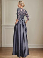A-line Scoop Illusion Floor-Length Satin Lace Mother of the Bride Dress With Sequins Bow by Dreamylily