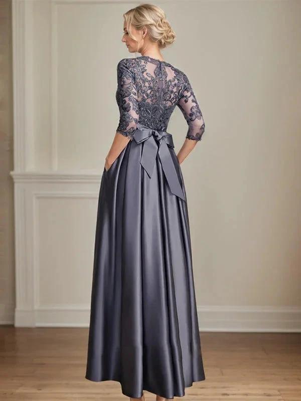 A-line Scoop Illusion Floor-Length Satin Lace Mother of the Bride Dress With Sequins Bow by Dreamylily