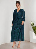 A-Line V-Neck Long Sleeves Velvet Tea-Length Mother of the Bride Dress With Split by Dreamylily