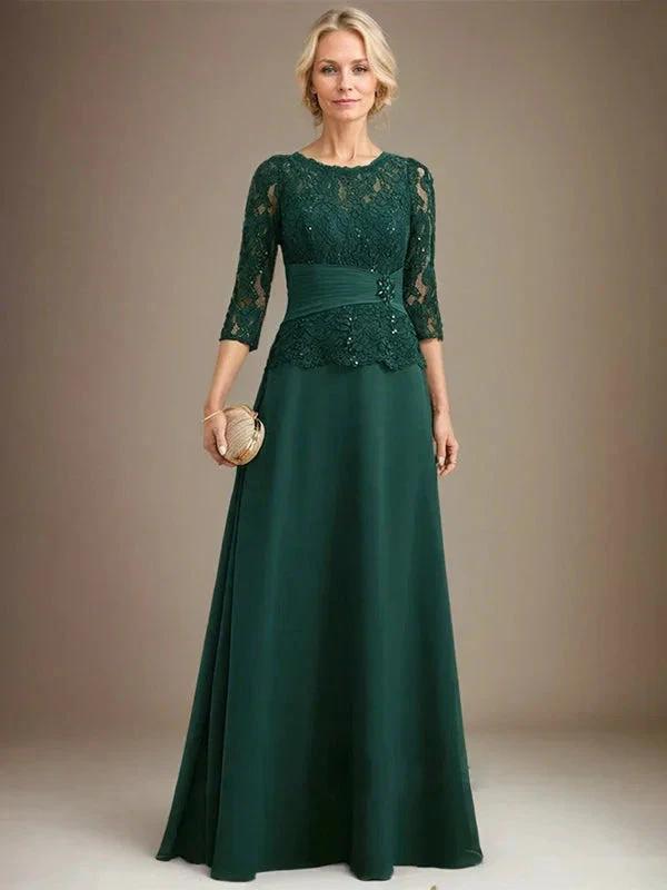 A-line Scoop Illusion Floor-Length Chiffon Lace Mother of the Bride Dress With Pleated Sequins Beading by Dreamylily