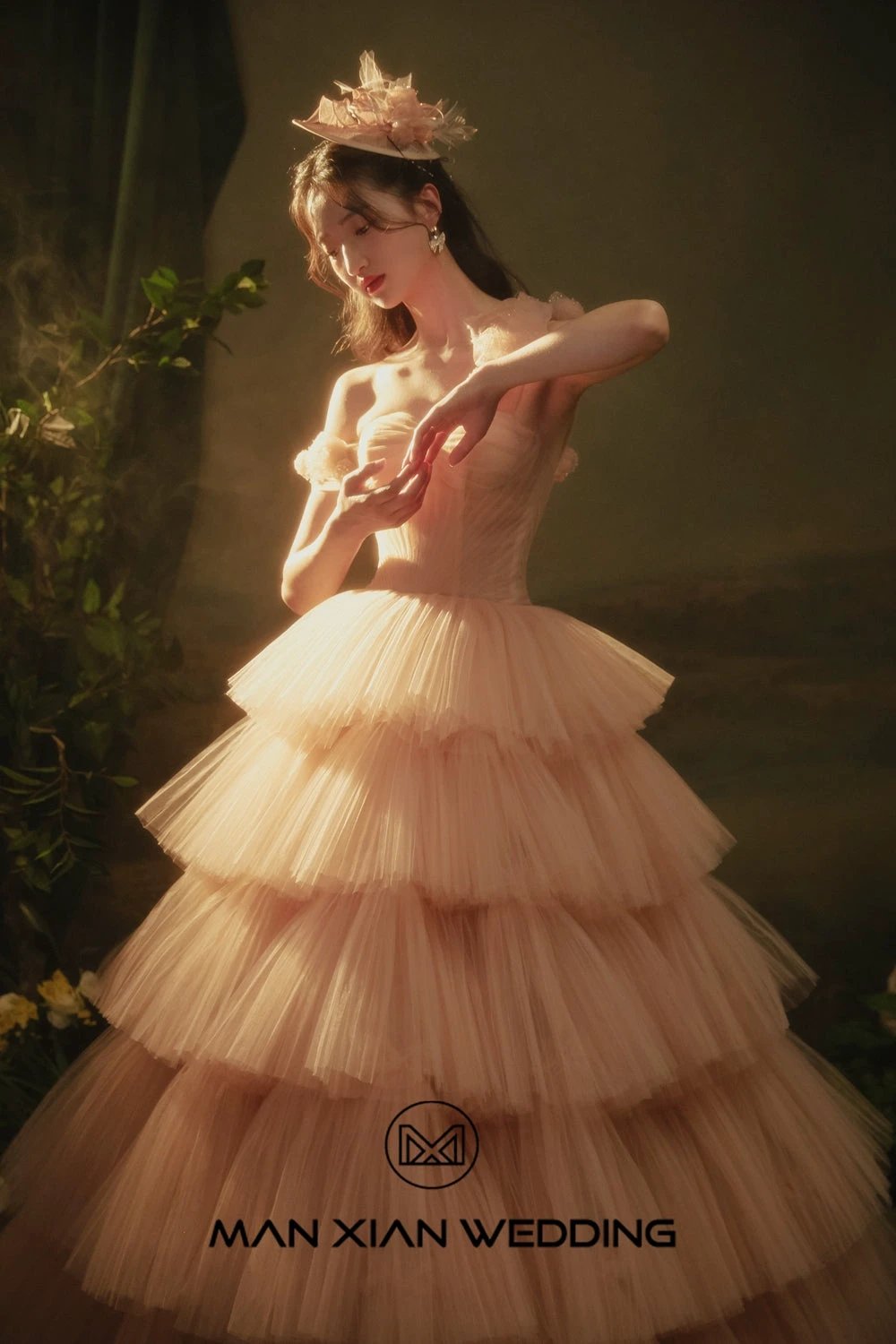 Ethereal Blush Strapless Tulle Ball Gown with 3D Floral Accents & Tiered Ruffles by ZAPDRESS