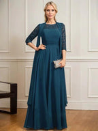 A-line Scoop Illusion Floor-Length Lace Chiffon Mother of the Bride Dress With Pleated by Dreamylily